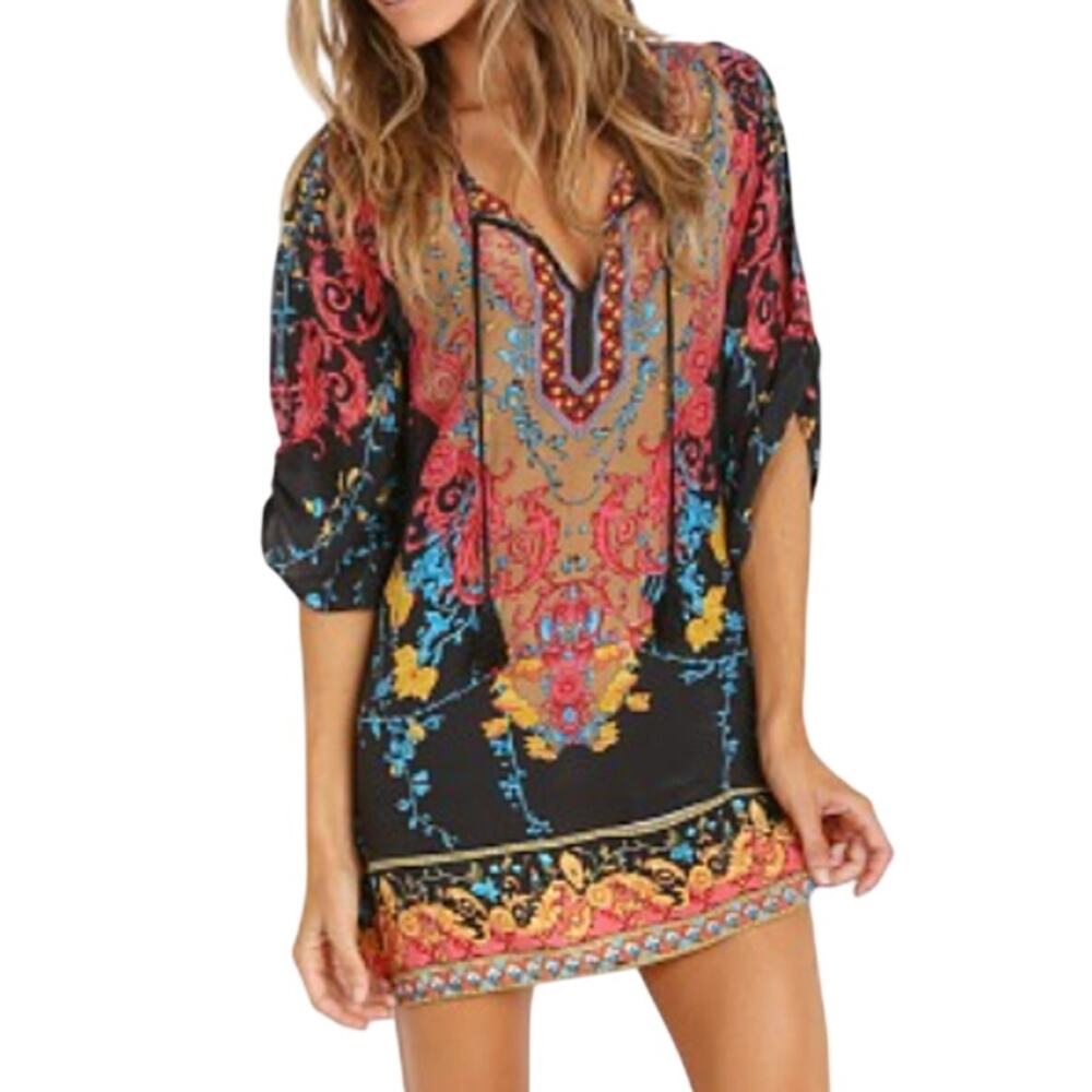 Tolani Black Multicolor Boho Goth Indie Print Silk Lightweight Tunic Mini Dress
